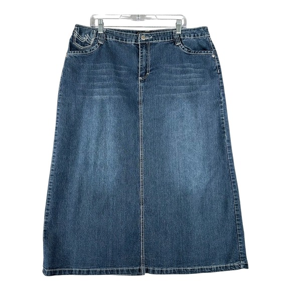 Cato Denim Maxi Skirt Womens Plus Size 18W Blue Wash White Stitching Back Slit - Picture 1 of 9